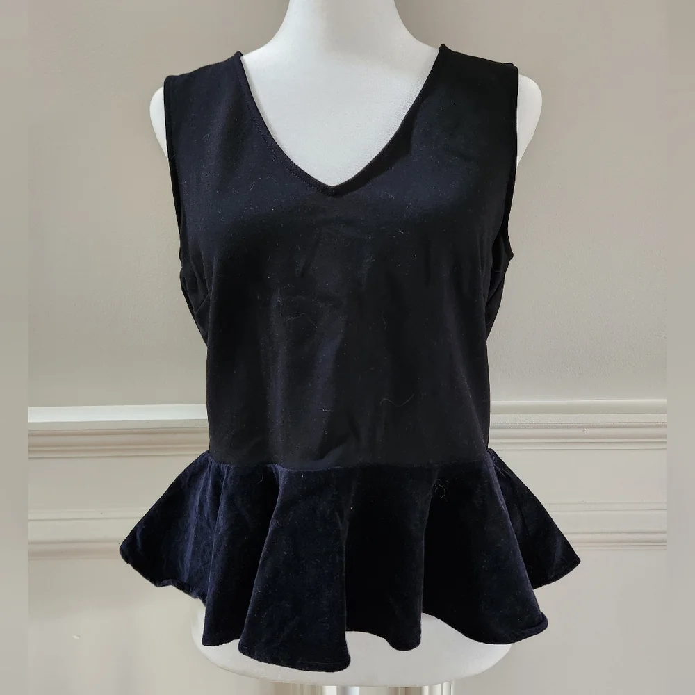 J. Crew Black Sleeveless Peplum Blouse With Velvet Trim